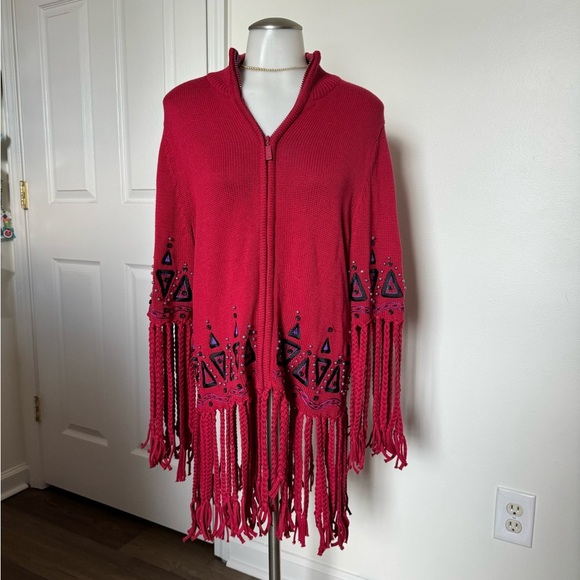 Bob Mackie Vintage Red Fringe Oversized sweater XS small medium - Picture 1 of 6